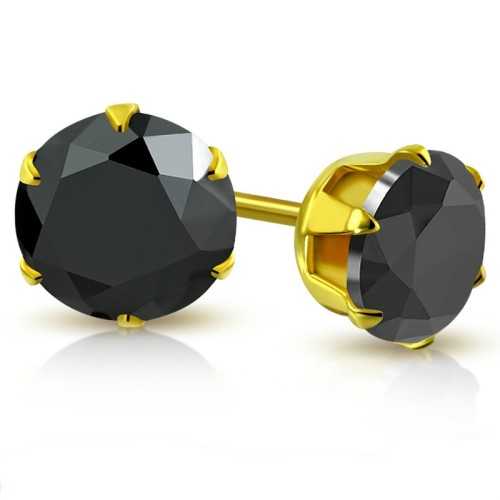 Paio di orecchini per uomo e donna con stelo in zircone oro pietra tonda nera