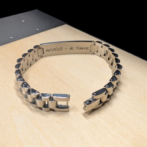 Bracelet Gourmette Homme Acier Style Maille Montre 21cm avec gravure au dos de la plaque