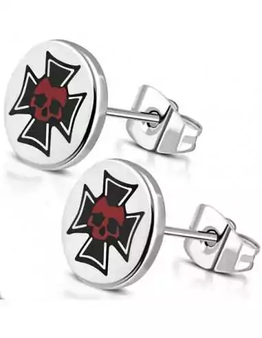 Paar Totenkopf-Ohrringe für Herren aus Stahl mit Malteserkreuz-Muster