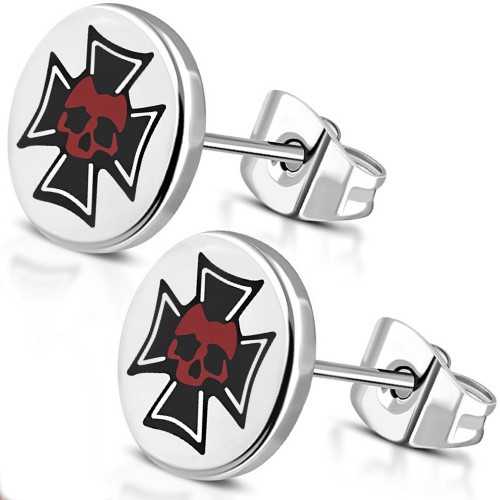 Paire boucle d'oreilles homme acier tête de mort croix de malte pattée