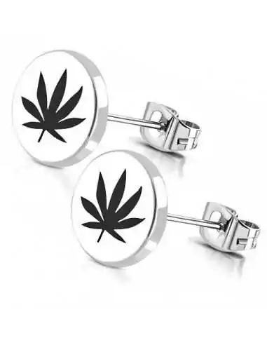 Paio di orecchini da uomo in acciaio con foglia di cannabis