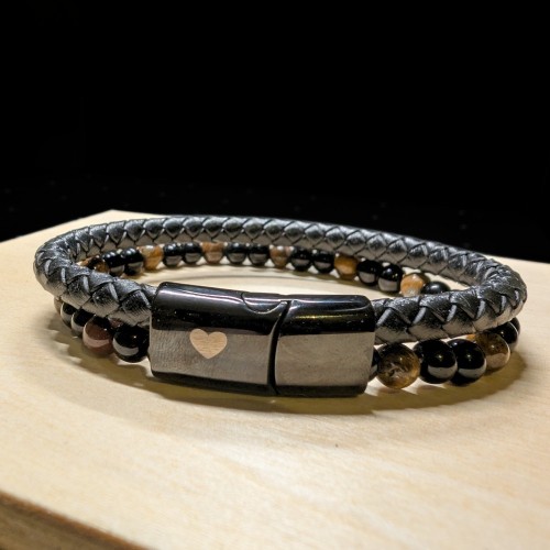 Bracelet Homme Double Rang en Cuir Tressé et Pierres Naturelles Œil de Tigre Fermoir Personnalisé