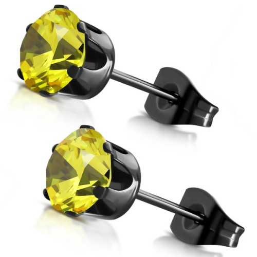 Paio di orecchini per uomo e donna in acciaio nero con zircone tondo giallo 5mm