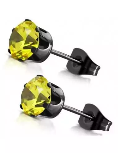 Paio di orecchini per uomo e donna in acciaio nero con zircone tondo giallo 5mm