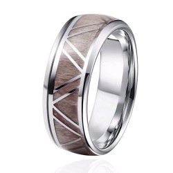 Anello di alleanza moderno e ampio per uomo in acciaio inossidabile con un friezo in legno potente protetto da resina