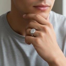Moderner und breiter Strickring für den Mann in gebürstetem Edelstahl mit einem 20-mm-runden Tablett zum Brennen 2
