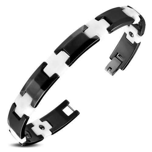 Pulsera hombre cadena cerámica negra y cruceta blanca