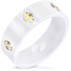 Anillo de hombre con cruz de cerámica blanca flor de lis grabada con láser