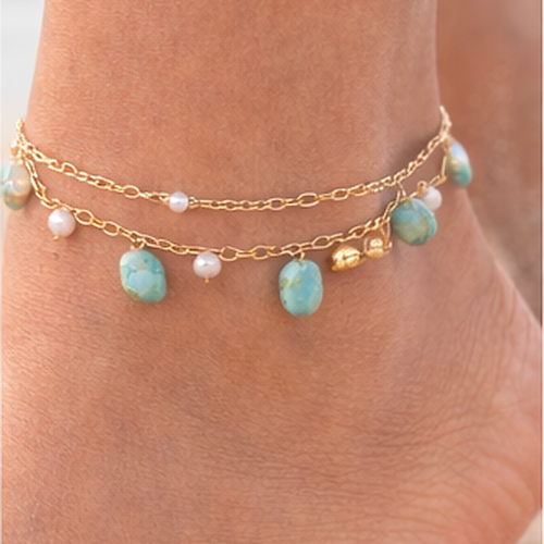 Chaîne de Cheville Double Rangs Acier Inoxydable Or et Pierres Naturelles Amazonite – Réglable