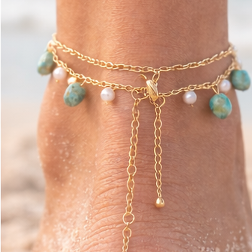 Double row of gold gold gold and natural stones Amazonite - Adjustable