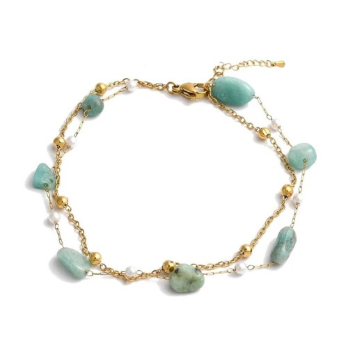 Chaîne de Cheville Double Rangs en Acier Inoxydable Or et Pierres Naturelles Amazonite – Réglable