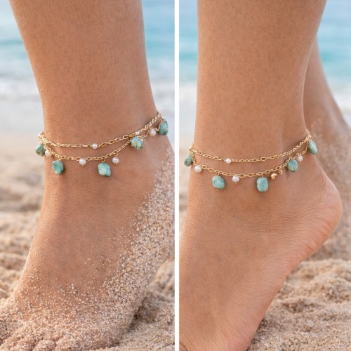 Double row of gold stainless steel chain with natural stones Amazonite - adjustable