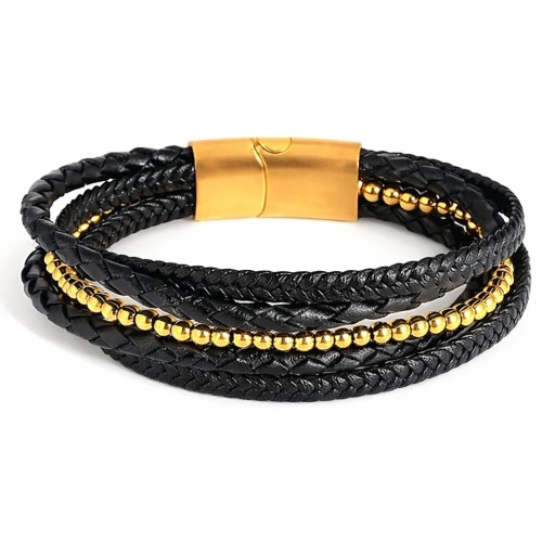 Pulsera de cuero negro de cuero negro de múltiples filas y perlas de acero inoxidable de oro – Cierre personalizable