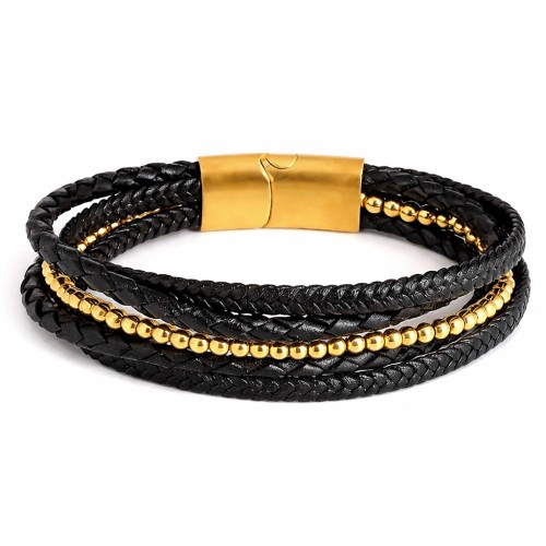 Bracelet Homme Multi Rangs Cuir Noir et Perles Acier Inoxydable Or – Fermoir Personnalisable