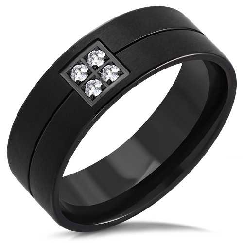 Bague anneau de fiançaille couple femme homme acier plaqué noir zircon