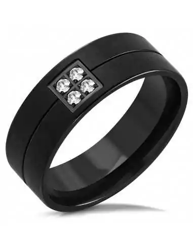 Ring, Verlobungsring, Damen-Herren-Stahl, schwarze Beschichtung,  gepflasterter Zirkon