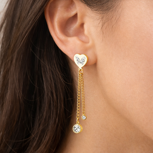Boucles d’Oreilles Femme Acier Doré Or Fin Cœur Papillon et Chaînettes Zircons