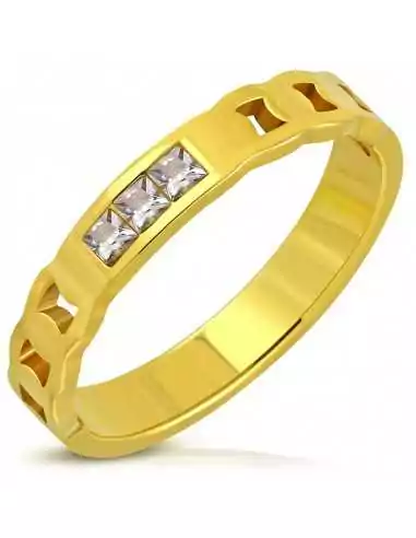 Bague anneau de mariage promesse femme acier doré pavé pierre zircon