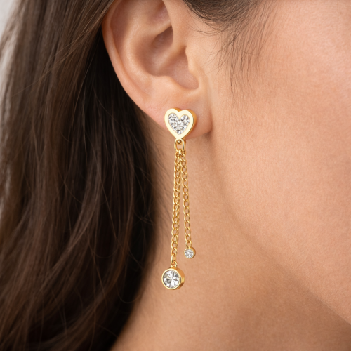 Boucles d’Oreilles pour Femme Acier Doré Or Fin Cœur & Chaînettes Zircons