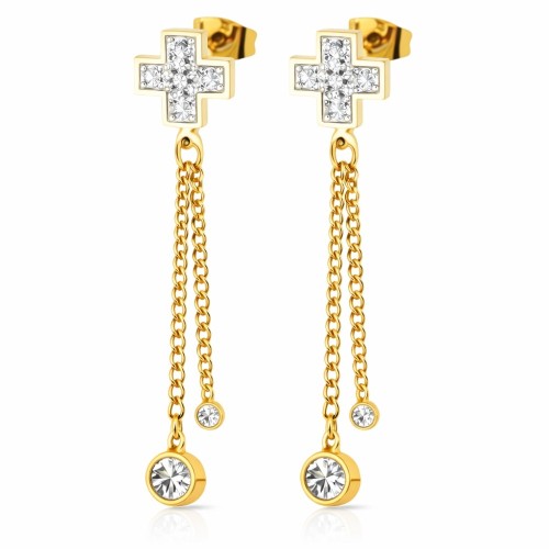 Orecchini Donna Golden Gold Gold Finn Cross Double Zircas Catena