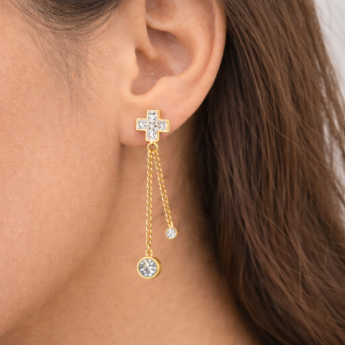 Boucles d’Oreilles pour Femme Acier Doré Or Fin Croix Double Chaînettes Zircons