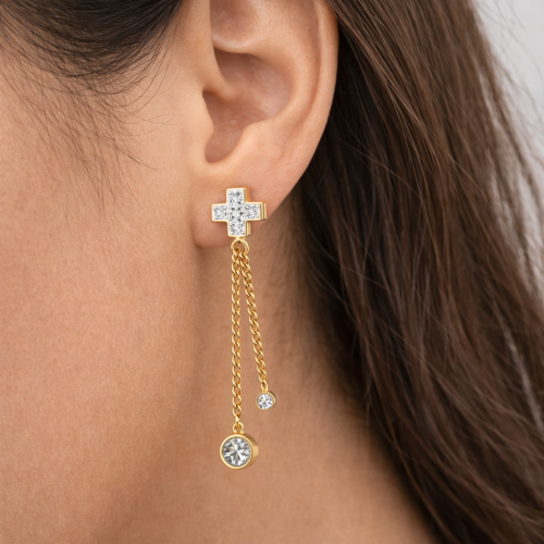 Women's Earrings Gold Gold Gold Gold Cross with Double Chains Zircons