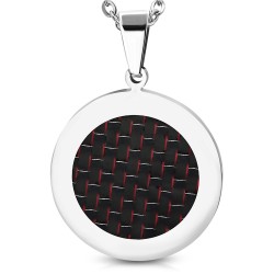Pendentif homme plaque ronde acier et fibres de carbone rouge à graver