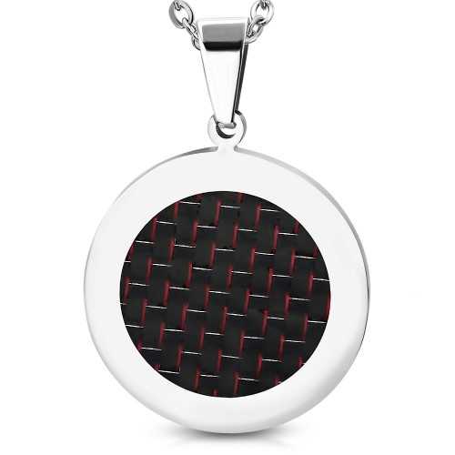 Colgante de hombre placa redonda de acero y fibra de carbono roja para grabar