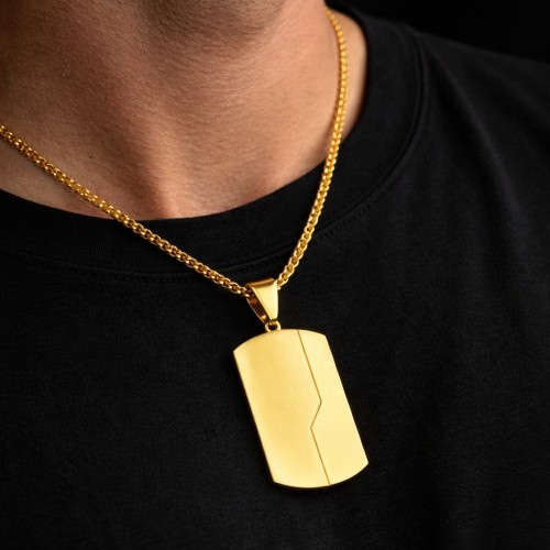 Pendente di piastra militare in acciaio dorato uomo con linea e catena personalizzabili asimmetriche incise