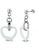 Pair of women\'s steel earrings pendant with white ceramic heart