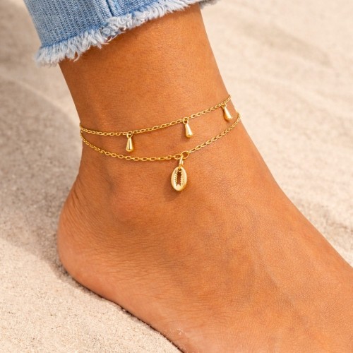 Chaîne de Cheville pour Femme Acier Doré à l’Or Fin – Double Chaîne Grains de Café & Pampilles