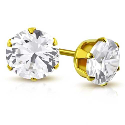 Boucles d'oreilles homme femme zircon ronde blanche tige doré or 10mm