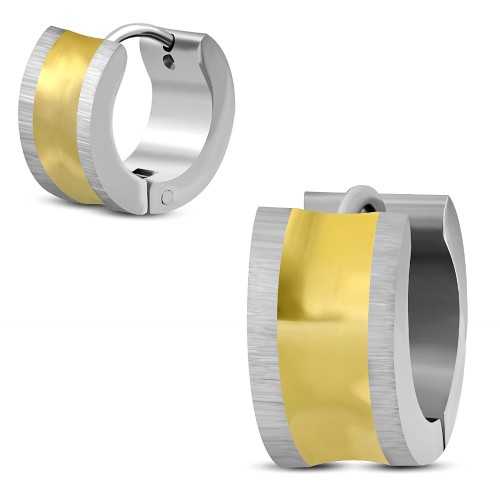 Boucles d'oreilles homme bicolore acier satiné et bande or incurvées