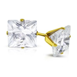 Boucles d'oreilles homme femme zircon carré blanche tige doré or 5mm