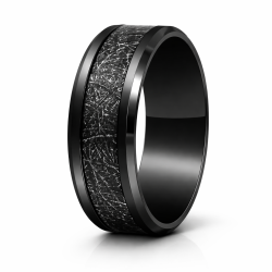 Anello moderno e ampio alleanza per uomo in acciaio inossidabile nero con inserto centrale Meteorite in fibra d'argento
