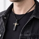 Black Steel Men's Cross Necklace with Central Gold Cross – Modern Pendant with Chain