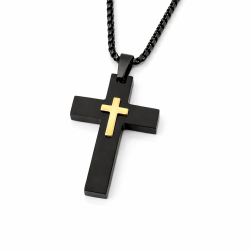 Collana croce maschile in acciaio nero con croce d'oro - ciondolo moderno con catena