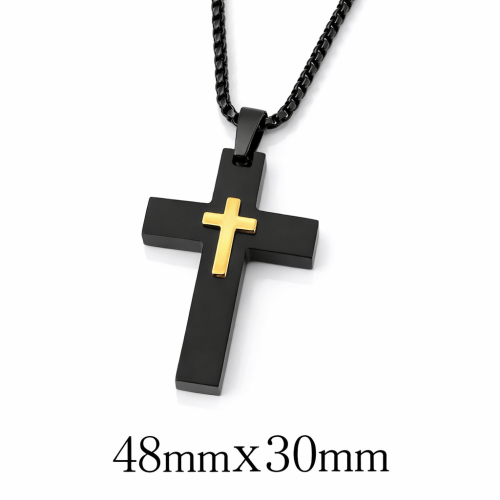 Collier Croix Homme en Acier Noir avec Croix Dorée – Pendentif Moderne avec Chaîne