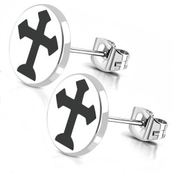 Pendientes hombre cruz medieval acero redondo 10mm