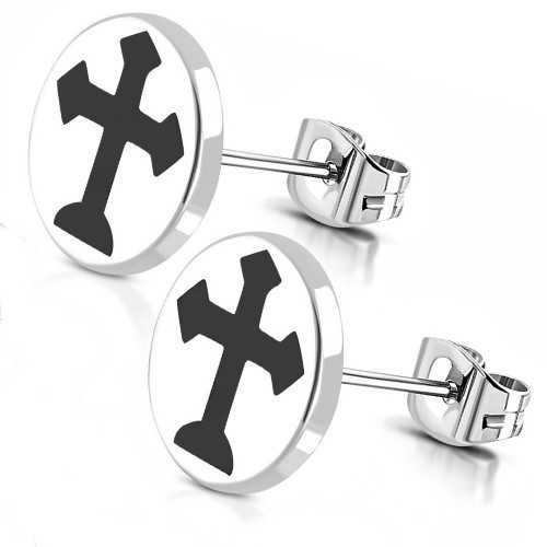 Boucles d'oreilles clous homme acier ronde croix médiévale 10mm