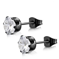 Pair Earrings Man Woman Black Steel Zircon Round White 5mm