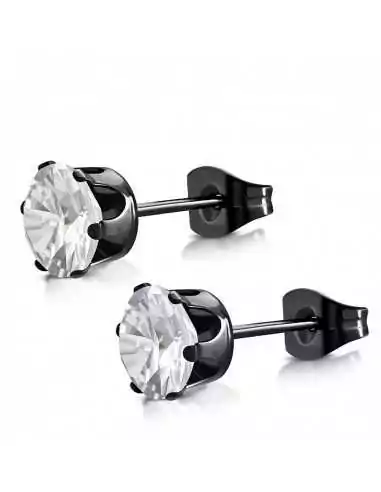 Paar Ohrringe für Männer und Frauen aus schwarzem Stahl mit weißem runden Zirkon 5 mm