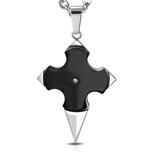 Pendentif homme acier croix superposées avec placage noir rotative