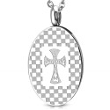 Pendentif homme plaque ovale acier gravure croix médiévale biker