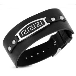 Pulsera de fuerza para hombre de acero frisa griega y silicona imitación cuero biker