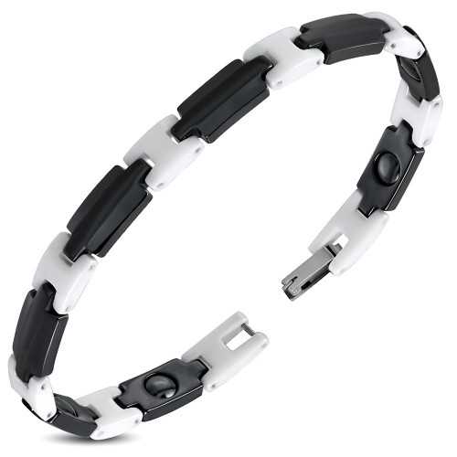 Pulsera de hombre en cerámica negra y segmento en H blanco