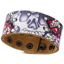 Pulsera mujer cuero calavera muerte calavera corazón gothic biker strass