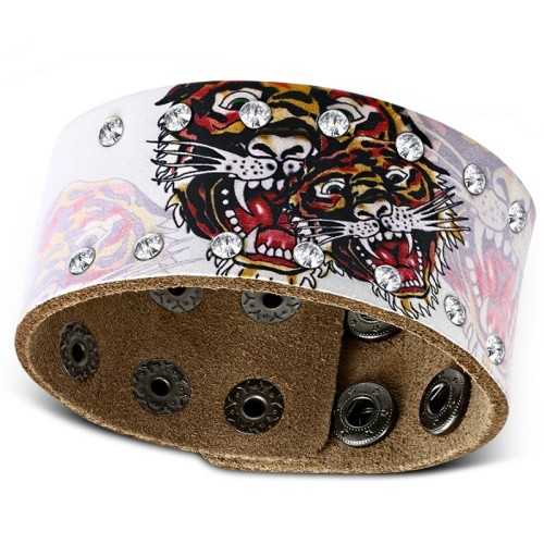 Bracelet femme cuir imprimé tigres coeur gothique biker strass