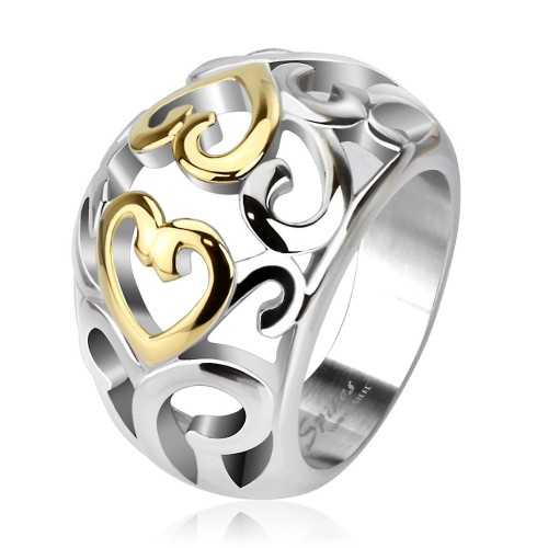 Anillo de mujer de acero bicolor con baño de oro espiral corazones sello