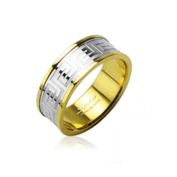 Anello da uomo in acciaio dorato con archetto fregio a labirinto greco